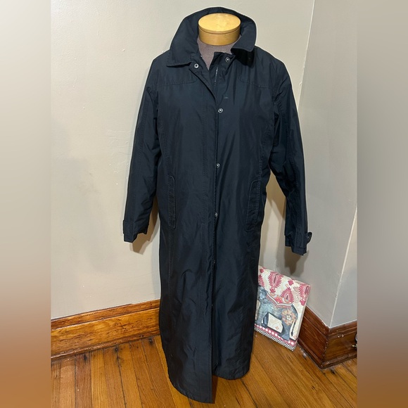 L.L. BEAN TRENCH WOOL LINER RAIN LONG COAT WOMENS BLACK SZ LARGE - Picture 1 of 13